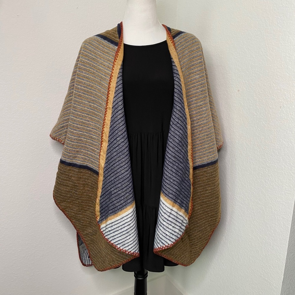 Quagga Reversible Striped Open Front Poncho Wrap Multicolor OS‎ Cottagecore